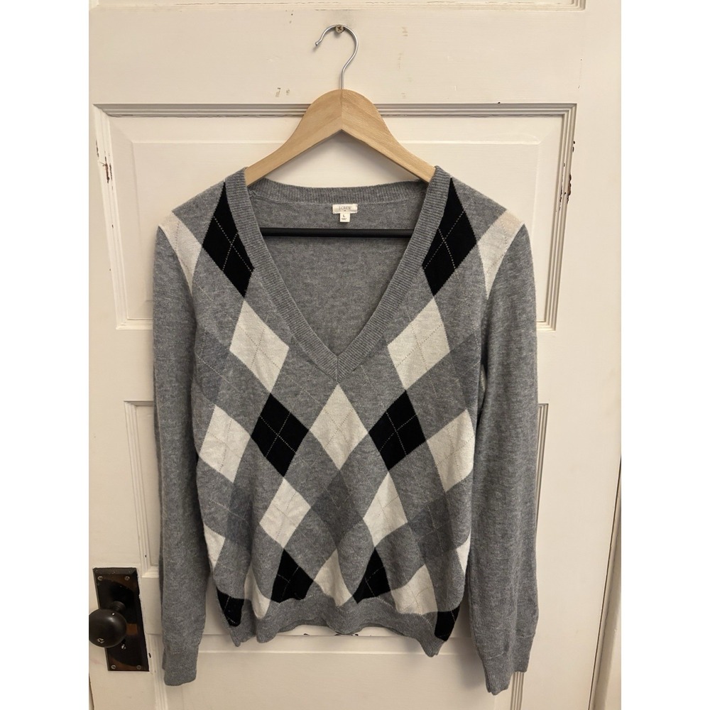 J. Crew Women's Gray Argyle Wool Cashmere Blend Sweater V-Neck Y2K Size Large‎